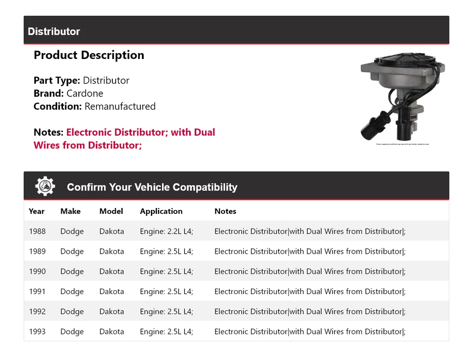 Para Dodge Dakota 1988-1993 Distribuidor Cardone 1989 1990 1991 1992 Foto 2 de 4