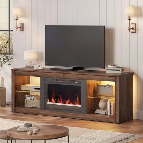 Electric Fireplace TV Stand Walnut for 70" TVs with LED Lights & Storage Shelves
