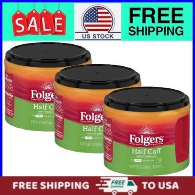 (3 pack) Folgers Half Caffe Ground Coffee, Medium Roast, 22.6 oz Canister