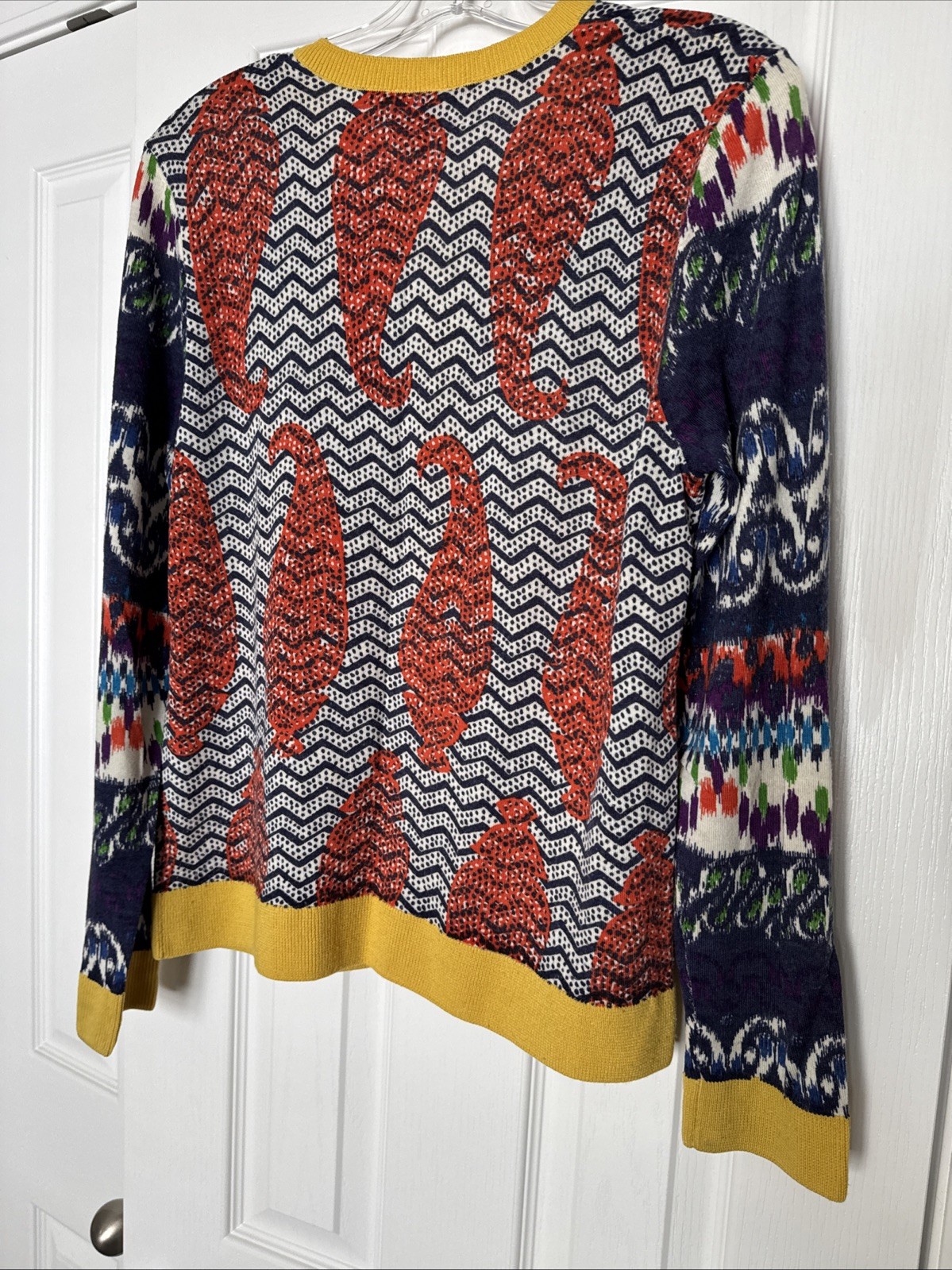 Tory Burch Merino Wool Blue Yellow Paisley Cardigan Women's XL Gold Buttons thumbnail 5