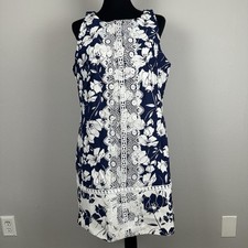 Eliza J Shift Dress Women Size 14 Navy Blue White Floral Crochet Panel Lined New