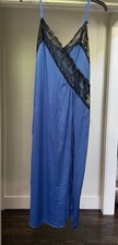 vtg fredericks of hollywood 1X Blue With Black Lace High Slit Long Nightgown