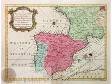 Antique 1757 map of Spain, Portugal, southern France, Balearic Islands by Seale