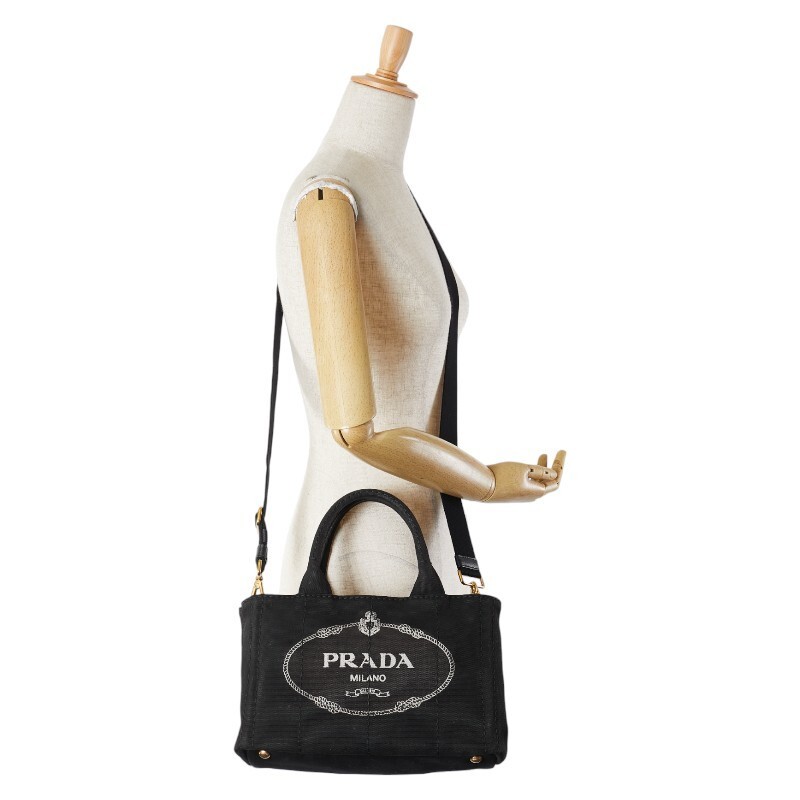 Prada Canapa Triangle Logo Plate Handbag Shoulder Bag 2WAY Black Canvas Ladies P thumbnail 9
