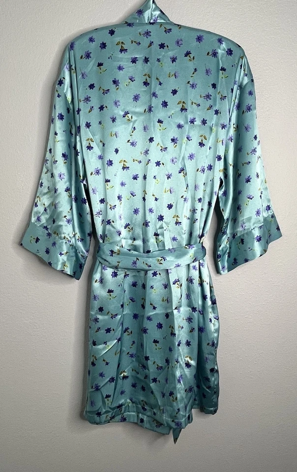 August Silk Floral Robe Women's 3/4 Sleeves Open Front Size L - Image 3 of 4