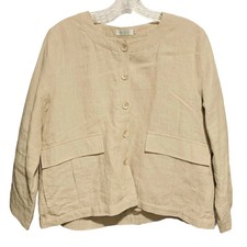 Masai Sz S Linen Blazer Cropped Jacket Natural Tan Boxy Pockets Coastal Grandma