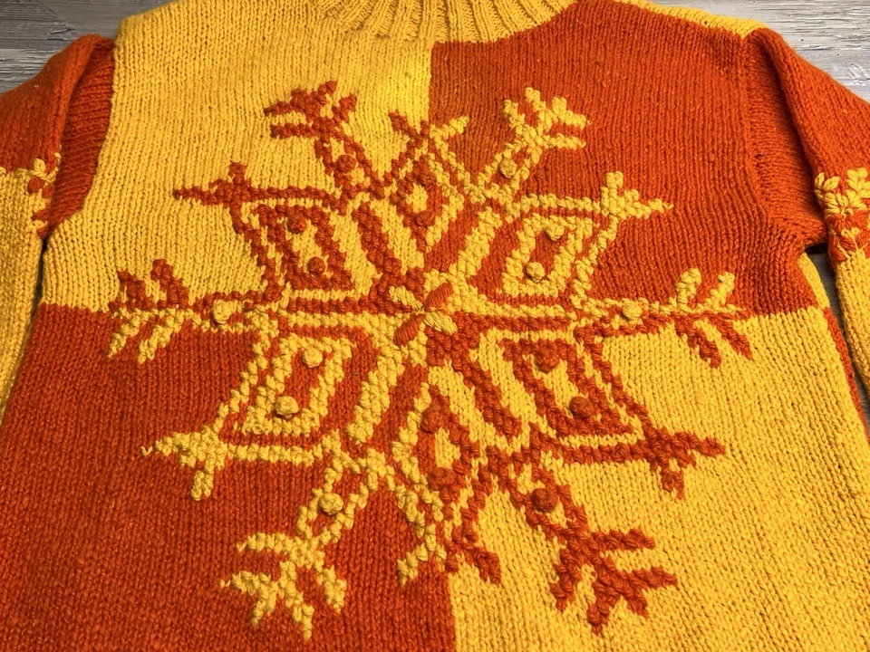 Vintage 90s Express Tricot Chunky Hand Knit Wool Snowflake Sweater Orange Yellow - Image 3 of 4