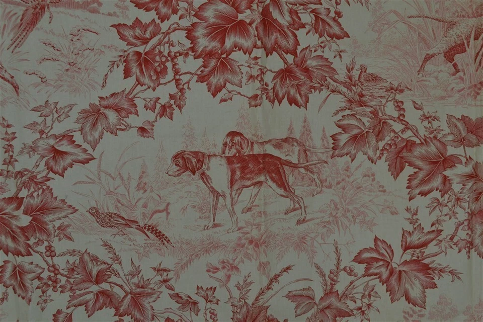 antique toile red/ivory 48x107 hunting dogs birds cotton original - Image 2 of 4
