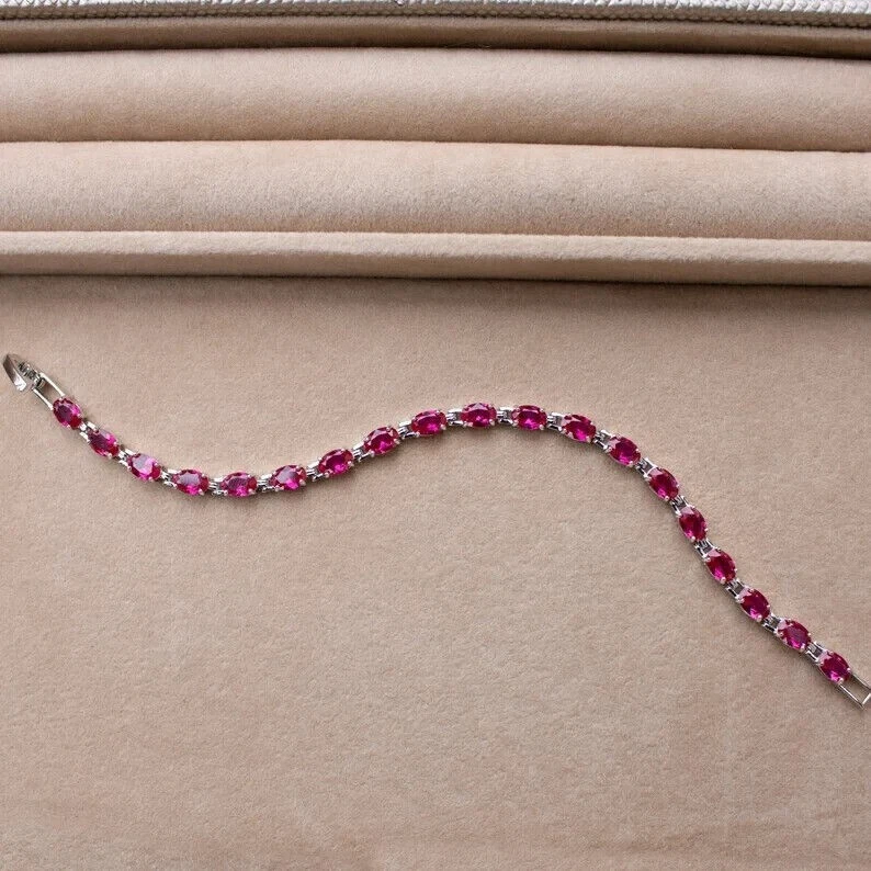 14K White Gold Plated Simulated Pink Ruby 5.0Ct Oval Cut Women's Tennis Bracelet - Image 3 of 4