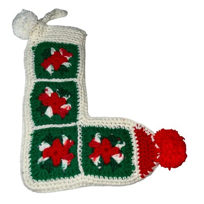 Vintage Handmade Crochet Granny Square BOHO Farmhouse Chic Christmas Stocking #4