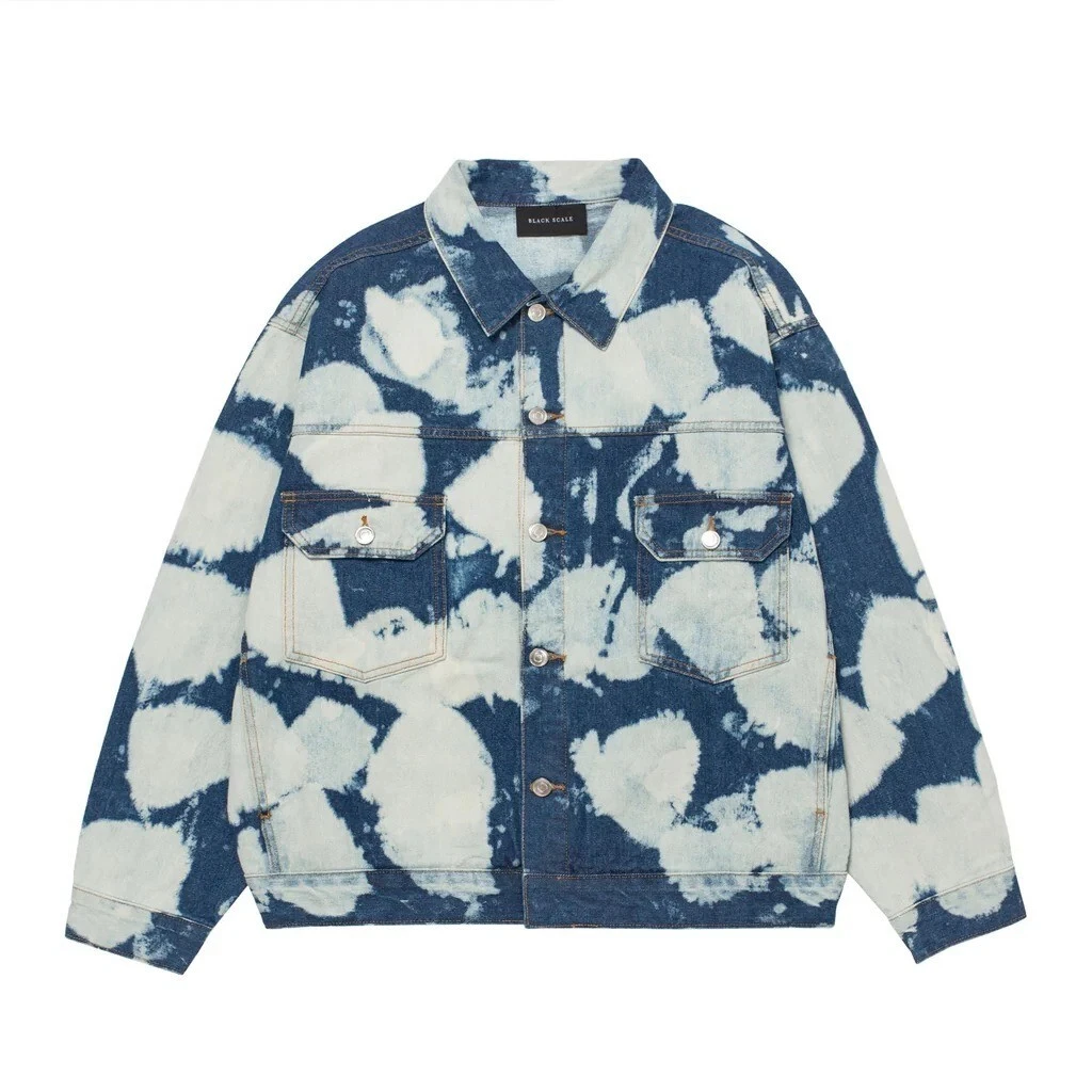 Black Scale Denim Jacket Mens MEDIUM Blue White Acid Wash Jean Button Up