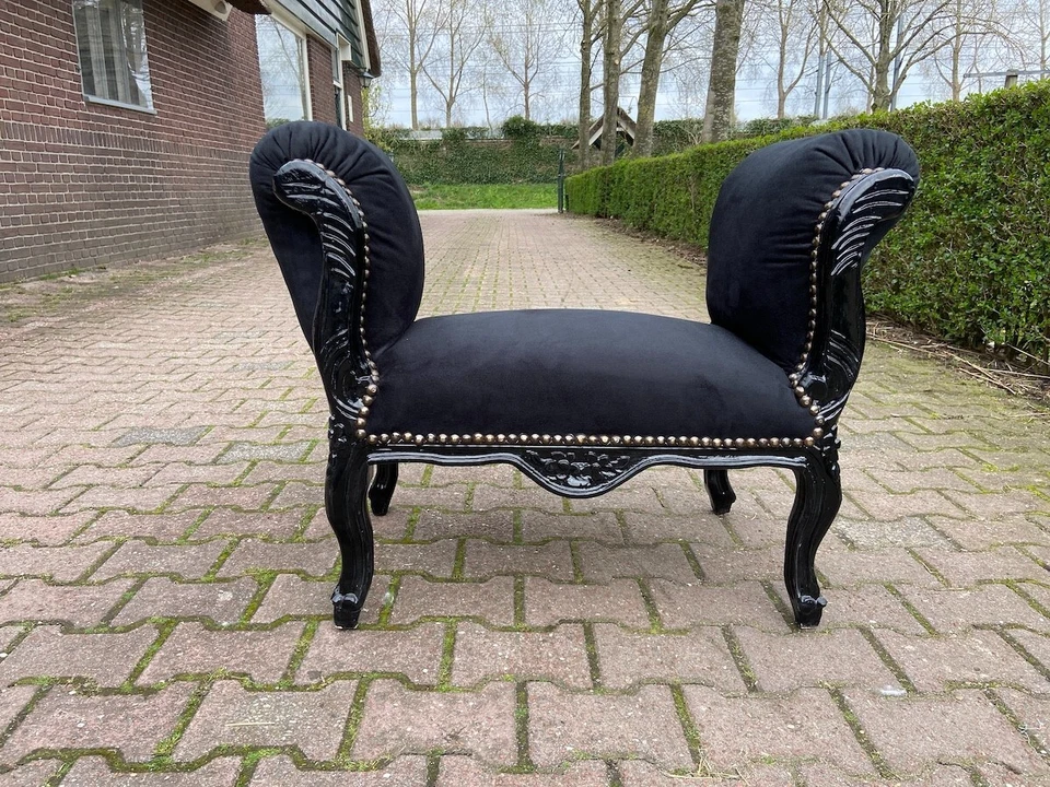 Sofá Banco Luis XVI Francés Negro Terciopelo Tallado Haya Elegante Asiento Vintage Foto 4 de 4