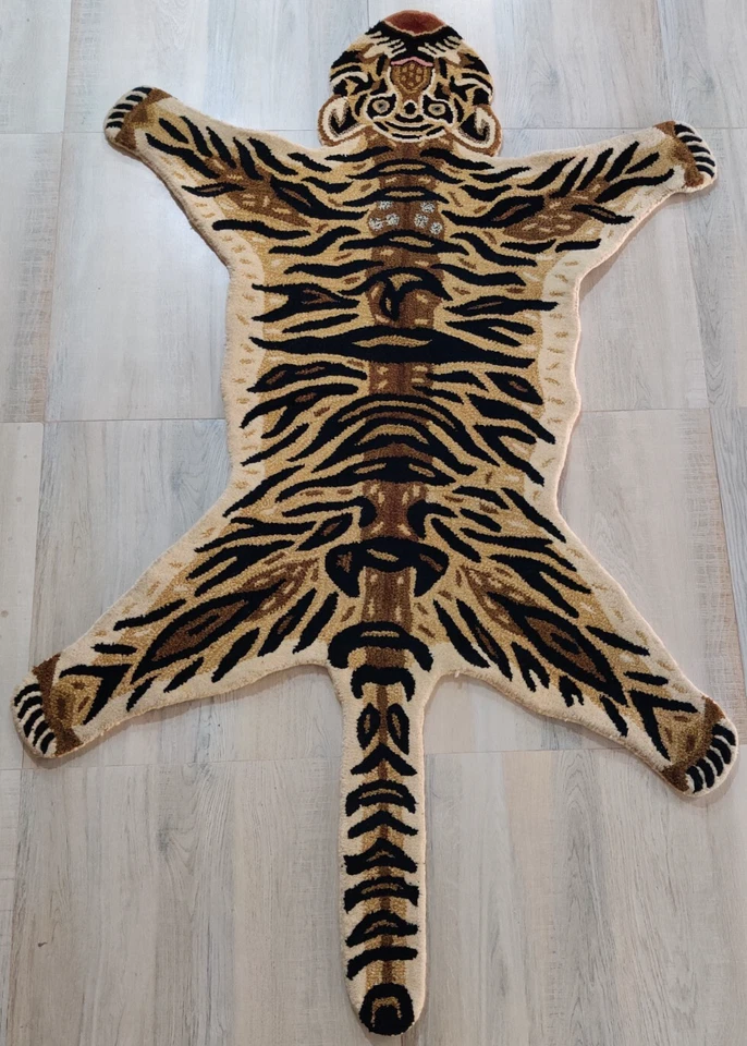 Alfombras hechas a mano Tigre Tibetano 4 x 6 para niños adolescentes alfombra acolchada a mano 100 % lana Foto 3 de 4