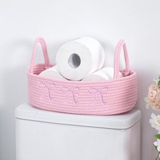 Pink Bow Woven Storage Basket for Toilet Tank Top Boho Cotton Rope Bathroom Coun