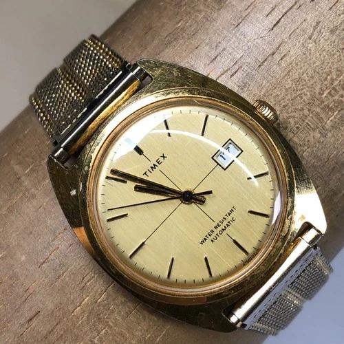 Vtg Timex Viscount Men 4756203276 Date Gold Tone Automatic 34mm Watch 8 1/4"