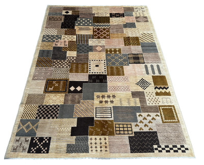 Modern Gabbeh Style Afghan Wool Rug 5'7 x 7'9   Handmade Geometric Design