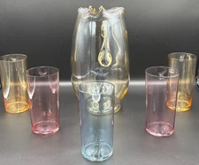Mid Century Iridescent Pitcher & 5 Pastel Colored Glass Drinking Cups Vintage
