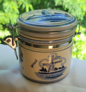 Blue & White Delft Windmill Ceramic Jar Canister Clamp Lid w/ Seal 5x4 in