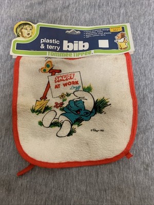 Vintage 1980 s Tommee Tippee Smurf Baby Plastic & Terry Bib New
