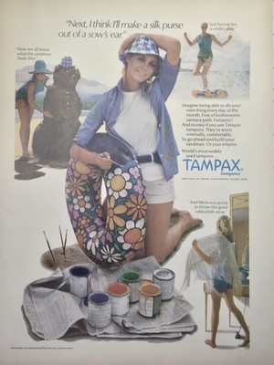 Tampax Tampons Beach Flower Power Girl Paints Tube Float Vintage Print Ad 1970