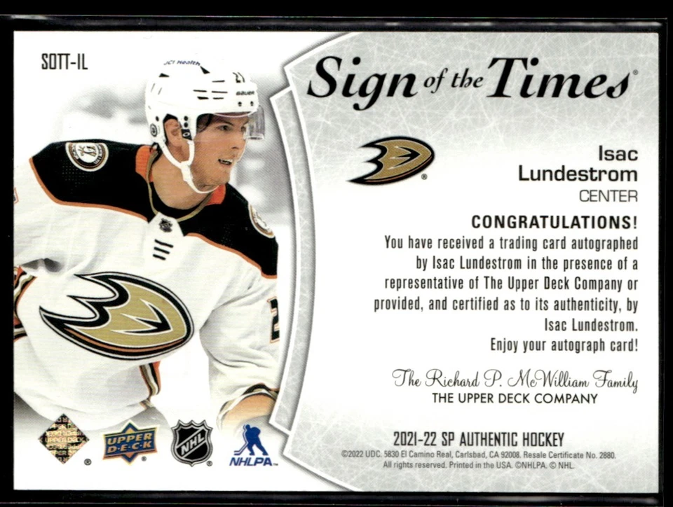 2021-22 SP Authentic Sign of the Times Isac Lundestrom Auto #SOTT-IL - Image 2 of 2