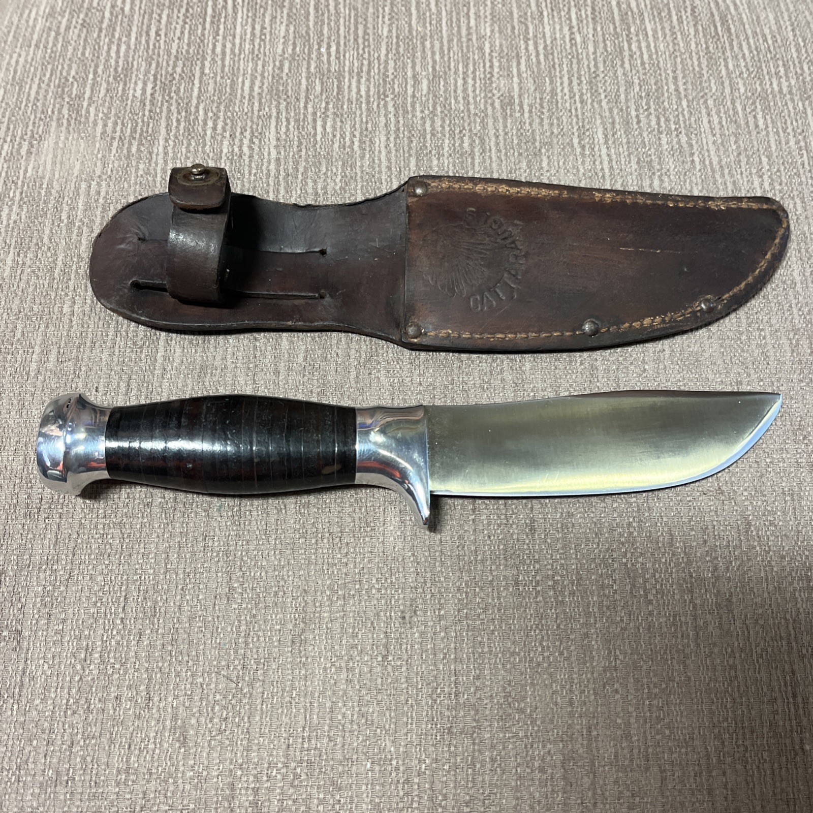 EXCELLENT-RARE, Cattaraugus "Woodcraft" Style, Stacked Leather, Orig Sheath