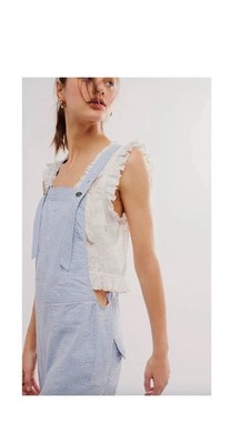 Free People Miners Railroad Striped Dungarees Overalls Size L NWT $128