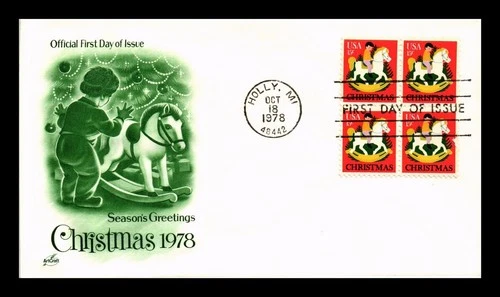 DR JIM STAMPS US COVER CHRISTMAS CHILD HOBBY HORSE TOY FDC BLOCK OF 4 ARTCRAFT