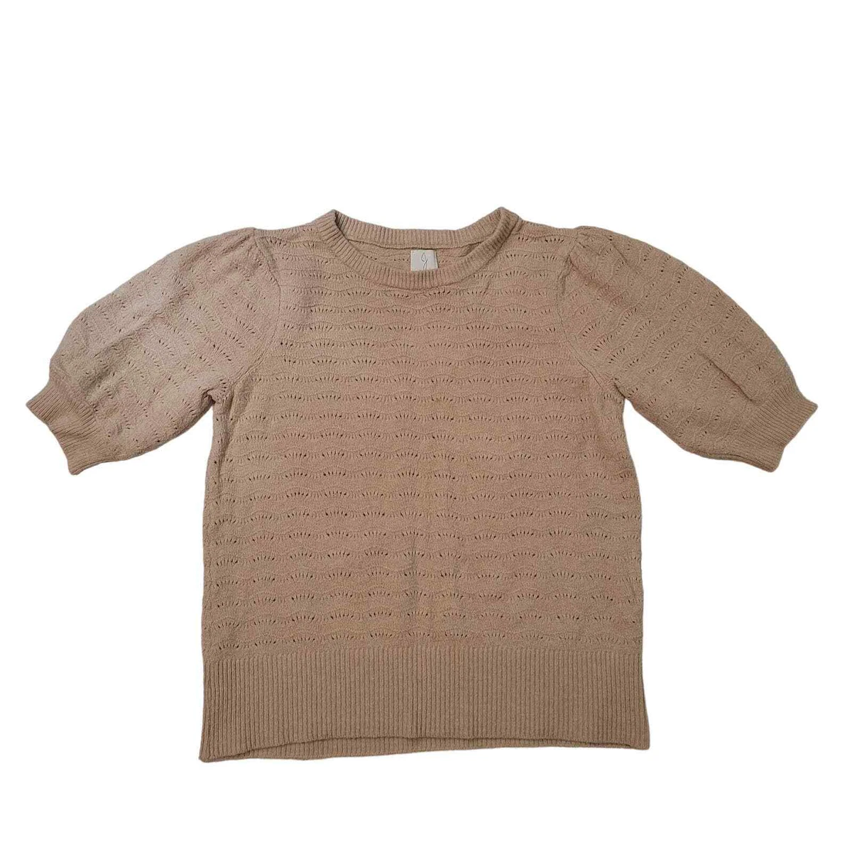 Joie Size L Tan Short Puff Sleeve Crew Neck Knit Sweater Cozy