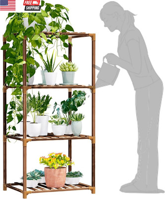4 Tier Long Plant Stand Indoor, Outdoor Wood Plant Stands for Multiple Plants, P