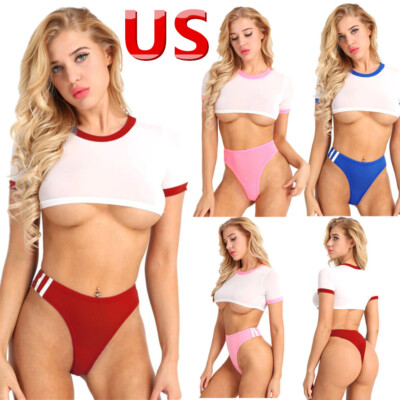 US Women Schoolgirls Lingerie Set Cosplay Costume Crop Top and Open Crotch Thong