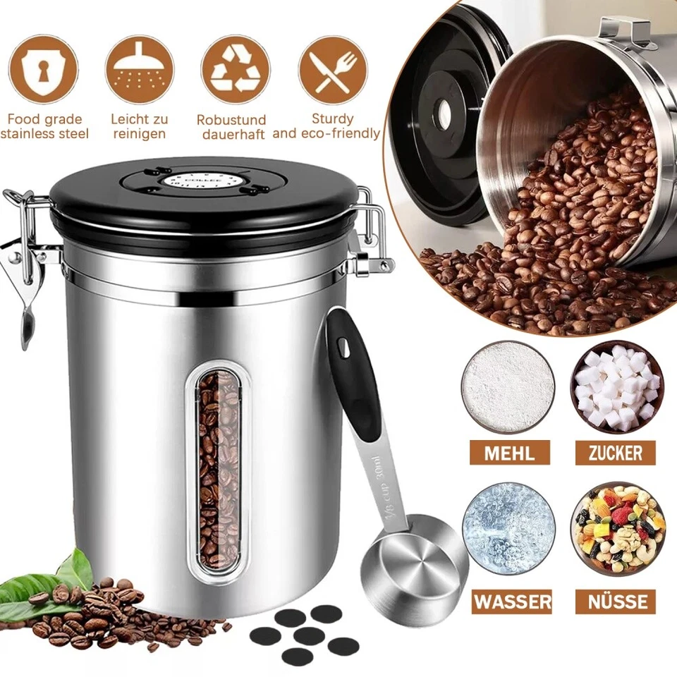 Kaffeedose 1,8 Liter Kaffeebehälter Edelstahl Aromadose Luftdicht mit Löffel DE - Bild 2 von 4
