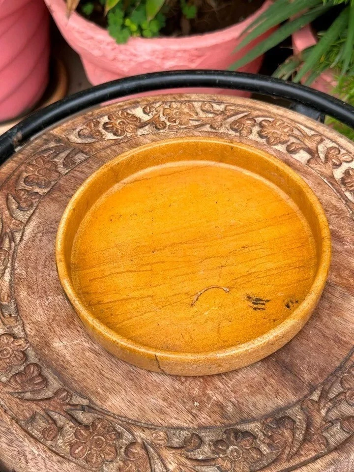 Linda placa tigela antiga esculpida à mão em pedra amarela esculpida à mão - Imagem 2 de 4