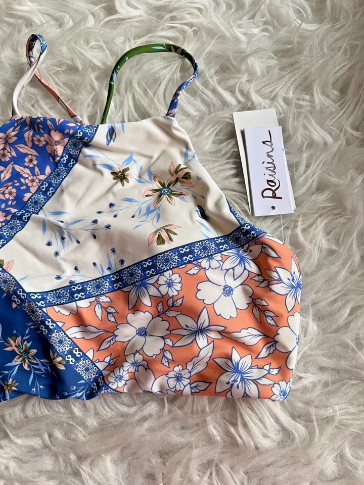 Juniors S Small Bikini Top Blue Floral Crisscross Bralette Swimwear  - Image 3 of 4