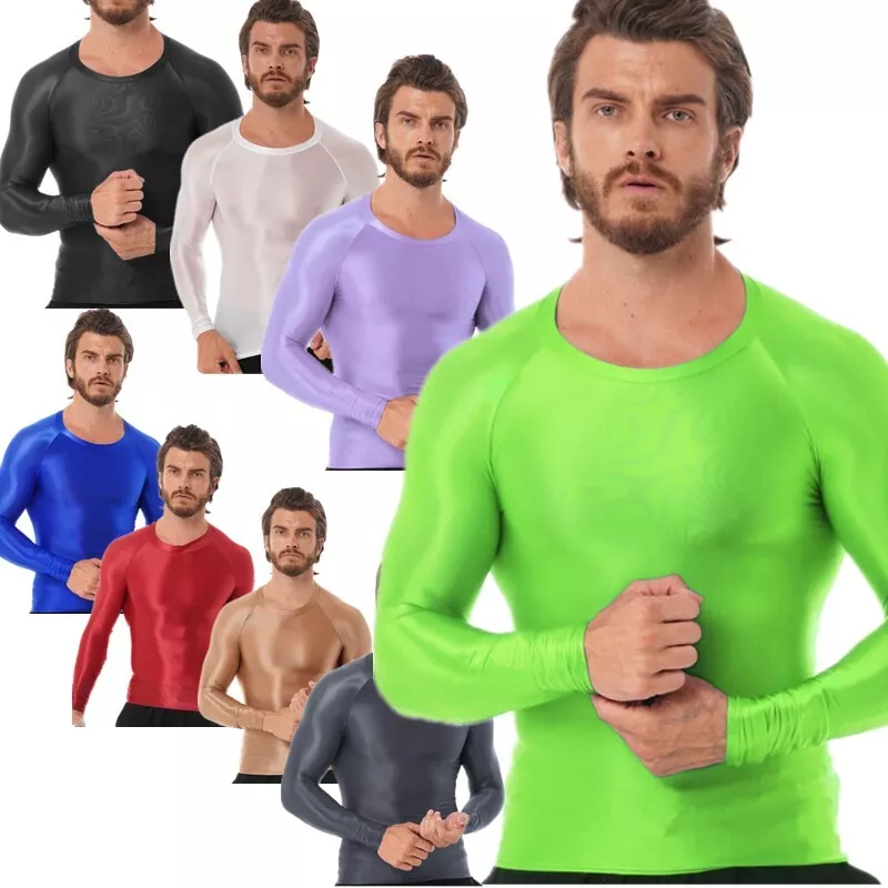Men s Bodybuilding T shirt Oily Shiny Running Shirt Long Sleeve Compression Tops