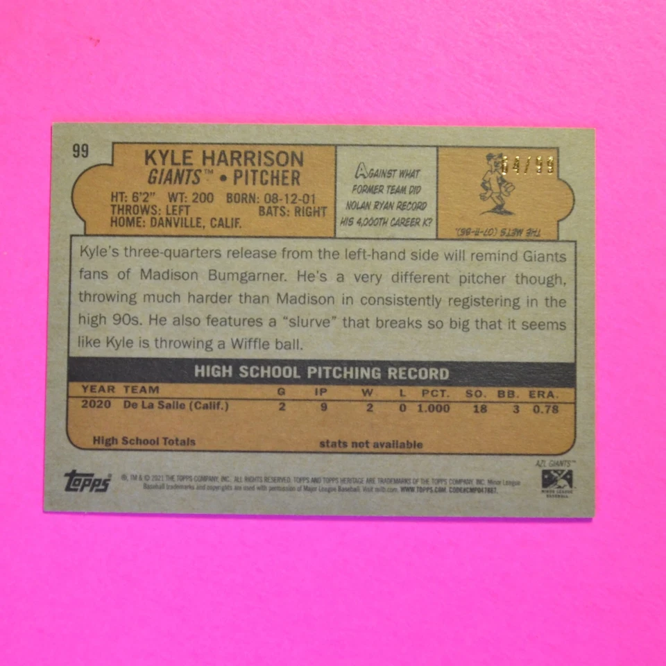 2021 Topps Heritage Minor League Edition Kyle Harrison Blue Border /99 RC Giants - Image 2 of 2