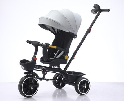 5-in-1 Baby Dreirad grau 3-Rad Fahrrad, Trike & Kinderwagen mit Sonnendach unmontiert