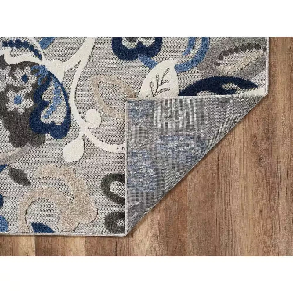 Area Rug 2x4 ft Grey Blue Floral Indoor Outdoor Polypropylene Stain Resistant - Image 4 of 4