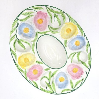 Pastel Floral Ceramic Deviled Egg Platter Oval Spring Easter Flower Italy