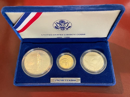 U S LIBERTY 3 COIN SET, $5 GOLD, $1 SILVER & HALF DOLLAR 1886-1986