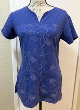 Grey's Anatomy Scrub Top Short Sleeves Sweetheart Neckline Violet Blue Floral XS