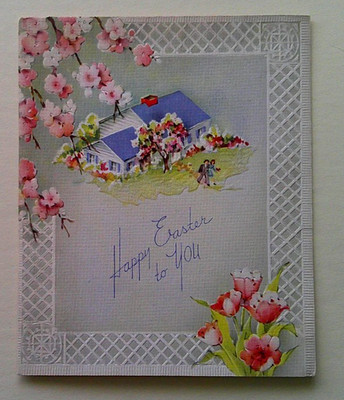 Couple leaving house home embossed vintage Easter Greeting card *ZZ6