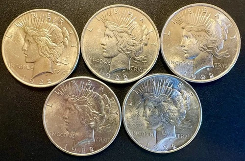 5 Coin Lot of 1922-P CH-GEM BU PEACE SILVER DOLLAR from Original Roll.