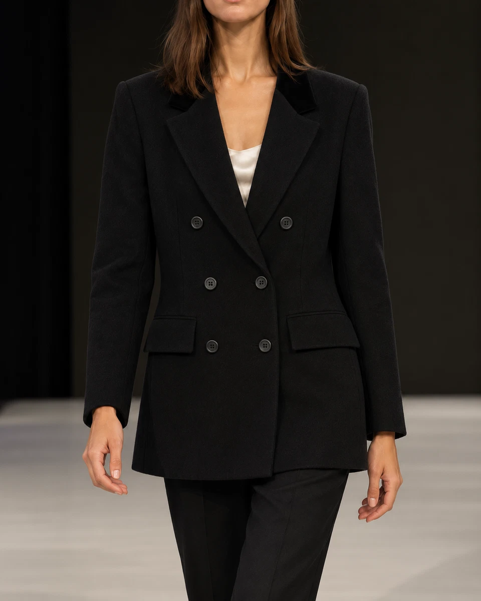 Vintage Burberrys Black Wool Cashmere Double Breasted Longline Blazer