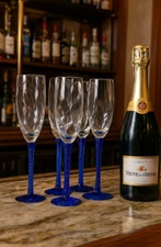 Set of 4 Champagne Flutes Hand Blown Clear Bowl Long Twisted Cobalt Blue Stems