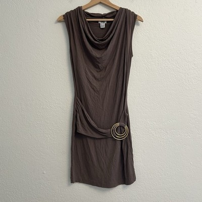 Class International fx Brown Draped Dress Size 36 Cowl Neck Buckle Detail