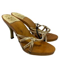 VTG C.F. Italy Wooden Platform Mule Sandals Sz 6 White Gold Leather Strappy Heel