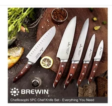 Brewin CHEFILOSOPHI Japanese Chef Knife Set 5 PCS with Elegant Red Pakkawood