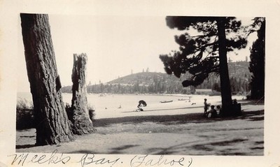 1926 Meek's Bay Beach View Lake Tahoe 1920s Photo People Sand Trees Hills