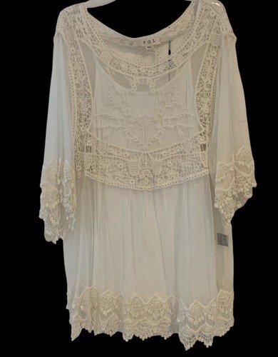 Pullover POL pizzo e rete top bohemien trasparente avorio donna taglia M/L - Foto 2 di 8